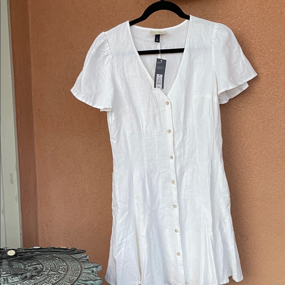 Universal Thread White mixed linen Button-Front V-Neck Mini Dress Sz XS NWT.